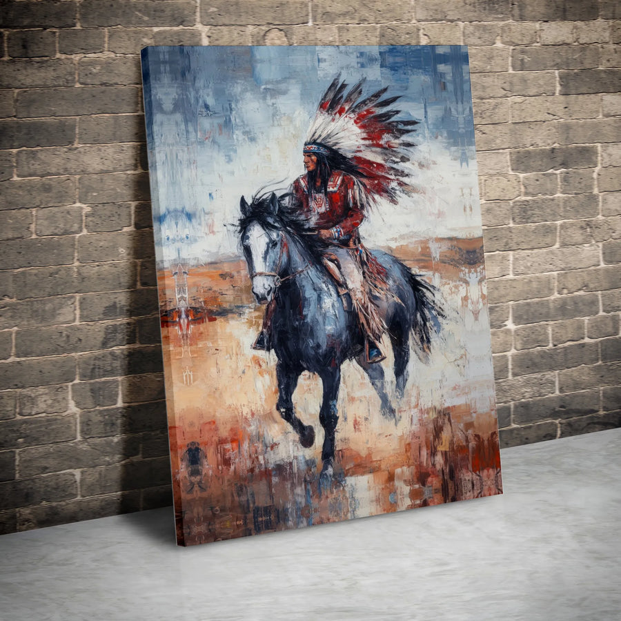 Native American Wall Art Canvas Print | Abstract Warrior on Horseback Painting | Premium Thick Gallery Wrap | Collector's Gift for Western Home Decor