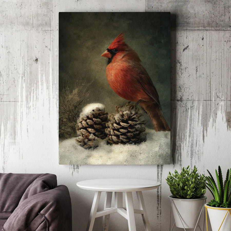 Red Cardinal Wall Art | Snowy Pinecone Winter Nature Scene | Premium Gallery Wrap Canvas | Rustic Christmas Home Decor Gift