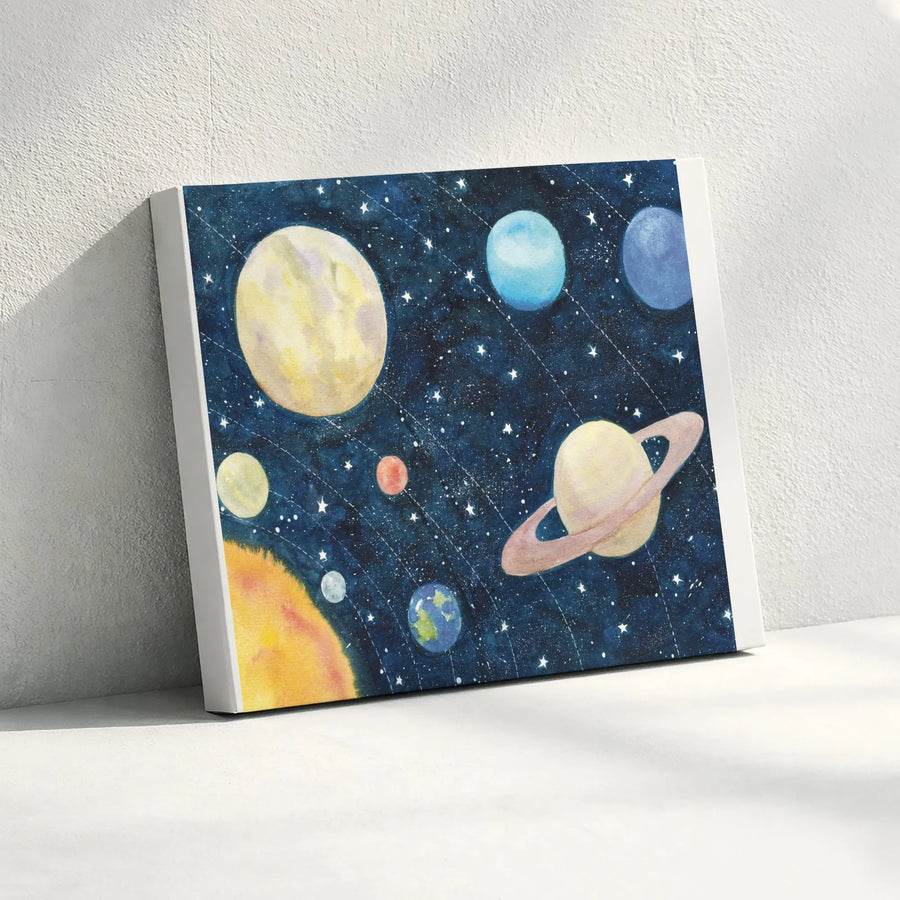 Solar System Canvas Wall Art | Watercolor Planets Illustration | Premium Gallery Wrapped Canvas | Kids Room Decor Gift