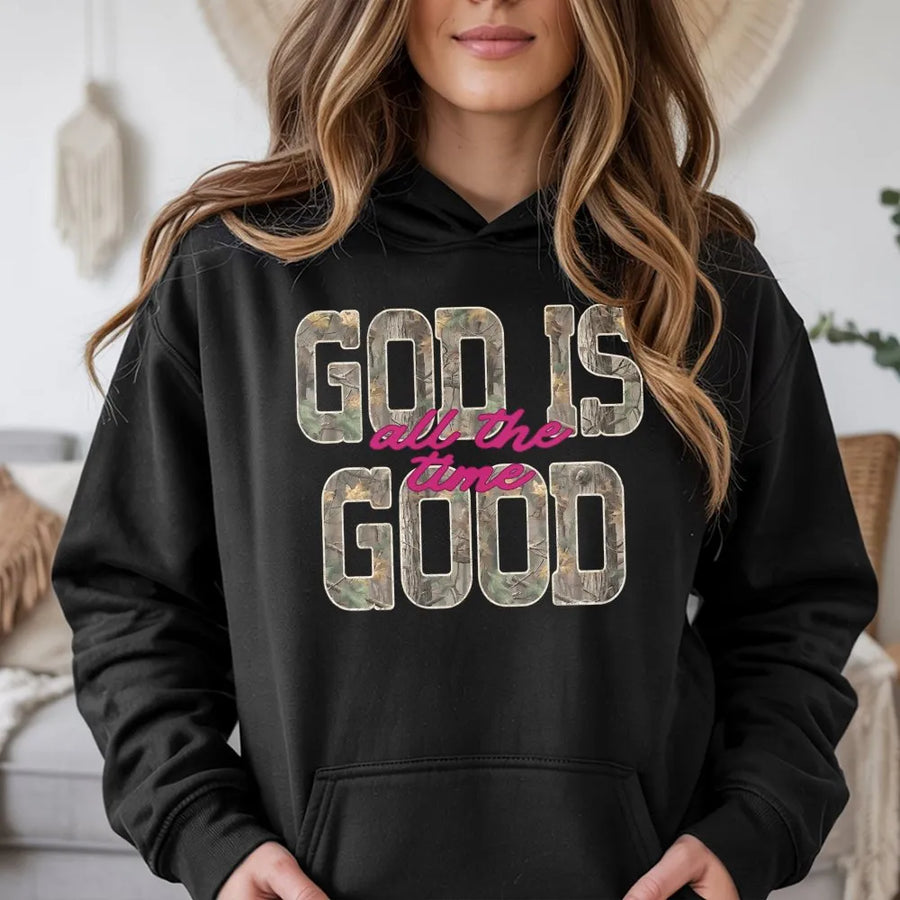 God Is Good All The Time Hoodie | Retro Distressed Camo Print | Premium Cotton-Blend Fabric | Inspirational Christian Faith Gift