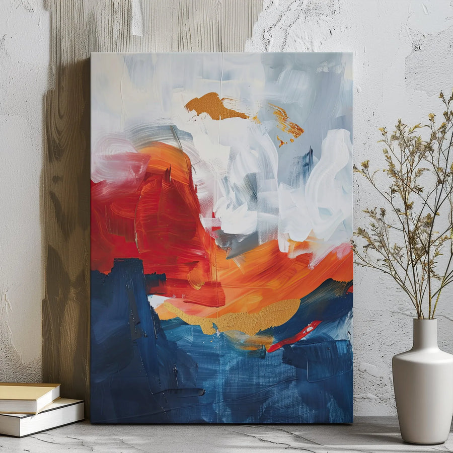 Modern Abstract Canvas Wall Art | Vibrant Blue Red & Gold Brushstrokes | Premium Gallery Wrapped Decor | Contemporary Home Office Statement Piece