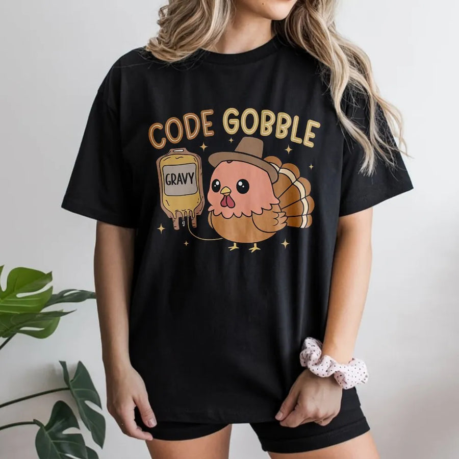 Funny Nurse Thanksgiving T-Shirt | Code Gobble Turkey Graphic | Premium Cotton Blend Sweatshirt | Gift for RN CNA ER Nurse Crew