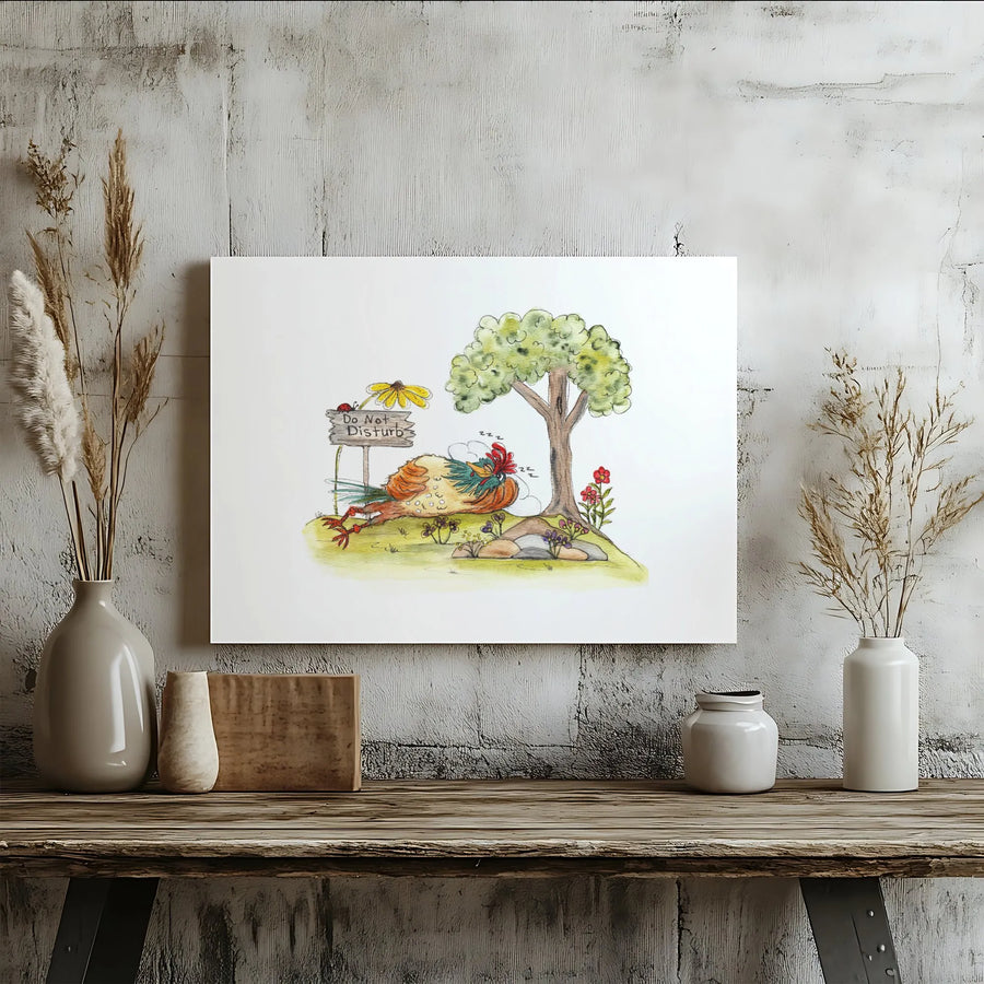 Sleeping Rooster Canvas Print | Whimsical 'Do Not Disturb' Watercolor Art | Premium Thick Gallery Wrap | Farmhouse Kitchen Decor Gift