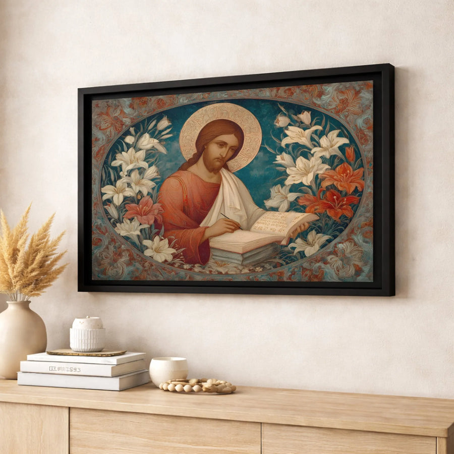 Jesus Christ Canvas Wall Art | Religious Portrait with Lilies | Premium Gallery-Wrapped Print | Christian Home Decor & Faithful Gift