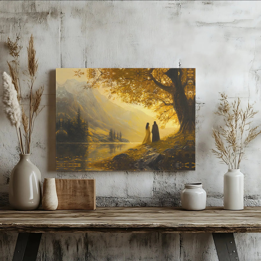 Fantasy Landscape Canvas Wall Art | Golden Forest Lake Couple Print | Premium Gallery Wrap Decor | Romantic Home Office Artwork Gift