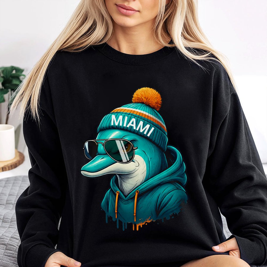 Miami Dolphin Wearing Sunglasses, Beanie, And Sweatshirt