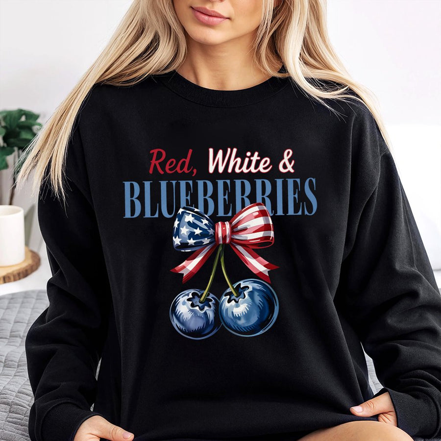 Red White And Blueberries Sweatshirt | Patriotic American Flag Bow Design | Soft Cotton Blend Unisex Pullover | July 4th Independence Day Gift