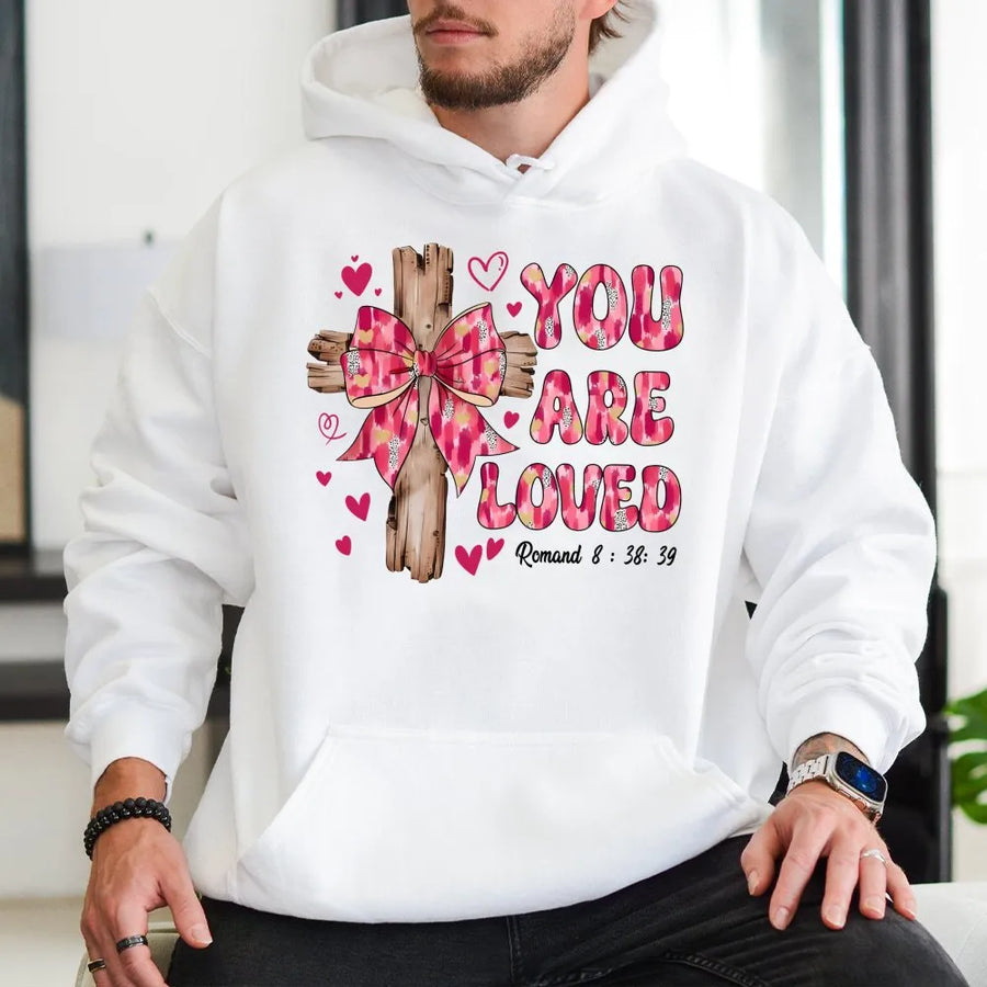 You Are Loved Christian Hoodie | Romantic Pink Coquette Cross Design | Premium Cotton-Poly Blend | Religious Valentine Gift For Women