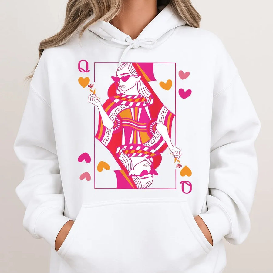 Queen of Hearts Playing Card Hoodie | Aesthetic Retro Graphic Print | Premium Soft Cotton Blend | Trendy Valentine Gift for Women