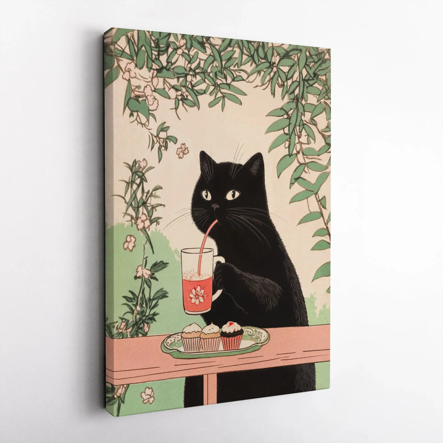 Black Cat Wall Art | Vintage Japanese Ukiyo-e Style Illustration | Premium Gallery-Wrapped Canvas | Cute Animal Kitchen Decor Gift