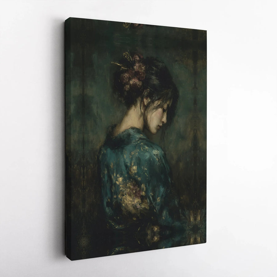 Japanese Woman Portrait Canvas Art | Moody Floral Kimono Oil Painting Style | Premium Gallery Wrap Wall Decor | Elegant Home & Office Aesthetic Gift