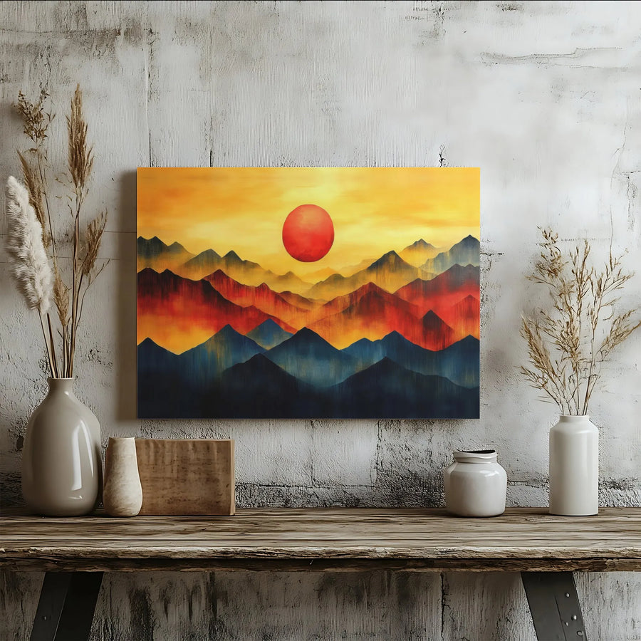 Abstract Mountain Wall Art | Japanese Inspired Red Sun Landscape | Premium Gallery Wrapped Canvas | Modern Living Room Decor Gift