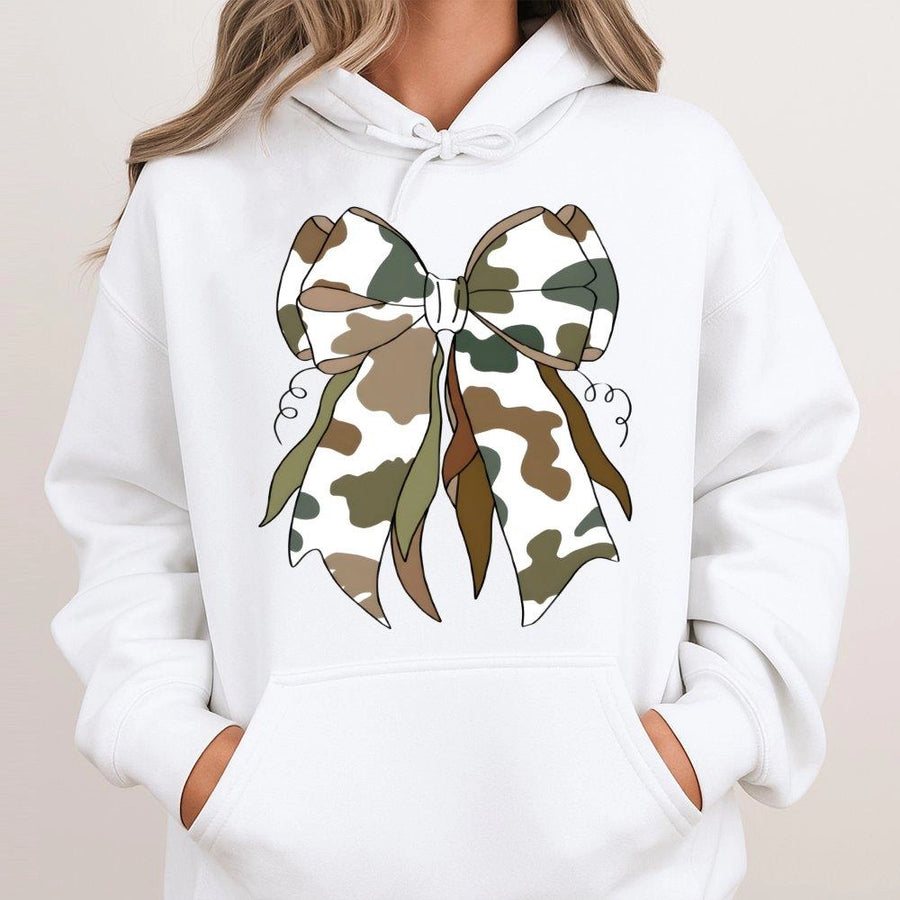 Camo Bow Hoodie | Trendy Coquette Aesthetic Graphic Sweatshirt | Premium Cotton-Blend Pullover | Aesthetic Gift for Her & Teen Girls