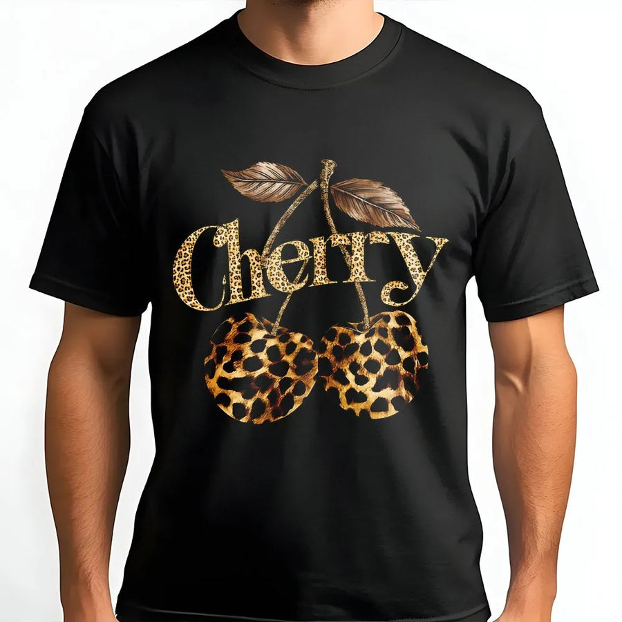 Leopard Cherry T-Shirt | Trendy Animal Print Fruit Graphic | Soft Cotton Blend Fleece | Y2K Aesthetic Gift for Her