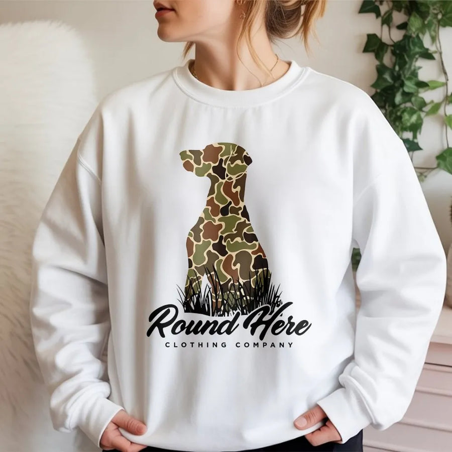 Camo Hunting Dog Sweatshirt | Retriever Silhouette Graphic | Premium Cotton | Outdoor Country Lifestyle Gift for Men