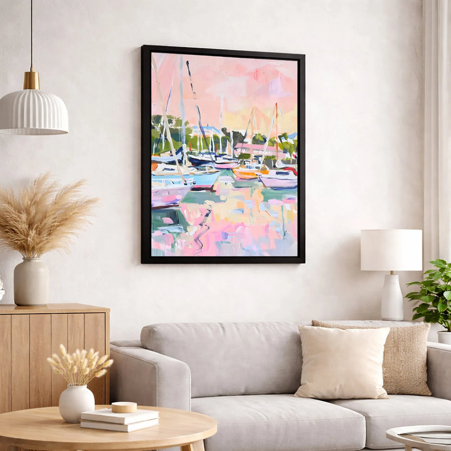 Abstract Sailboat Harbor Canvas Wall Art | Pastel Coastal Nautical Print | Premium Gallery Wrap Decor | Beach House Living Room Gift