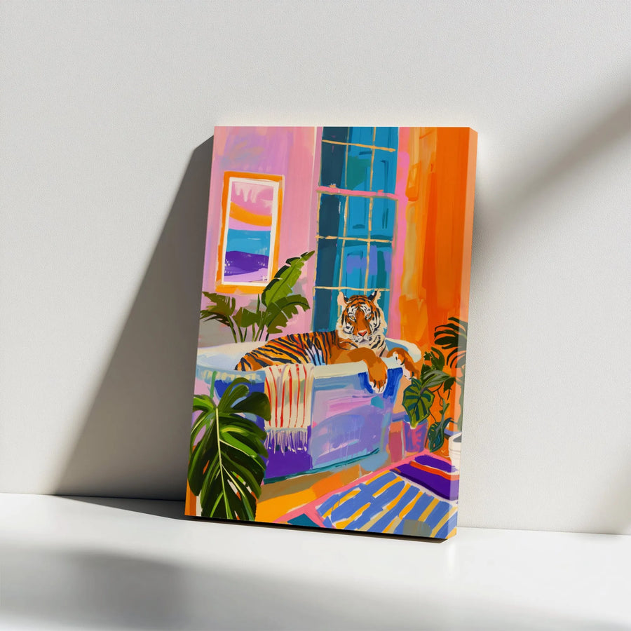 Tiger In Bathtub Canvas Art | Colorful Tropical Bathroom Wall Decor | 1.25" Gallery Wrap | Maximalist Jungle Home Gift