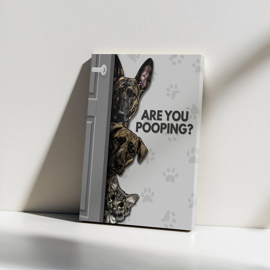 Are You Pooping? Funny Bathroom Canvas Wall Art | Peeking Dogs And Cat Print | Premium Gallery Wrap Decor | Humorous Gift For Pet Lovers
