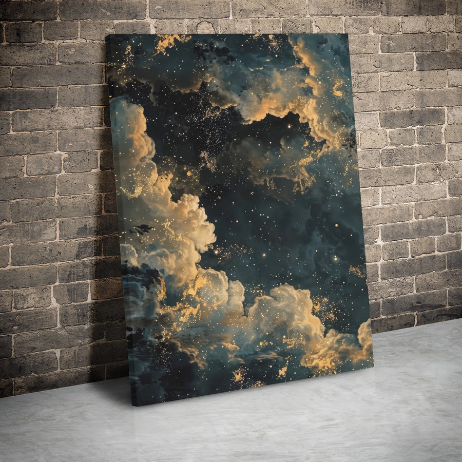 Gold Celestial Night Sky Canvas | Abstract Dreamy Cloud Wall Art | Premium Gallery Wrap Decor | Modern Home Office Statement Piece