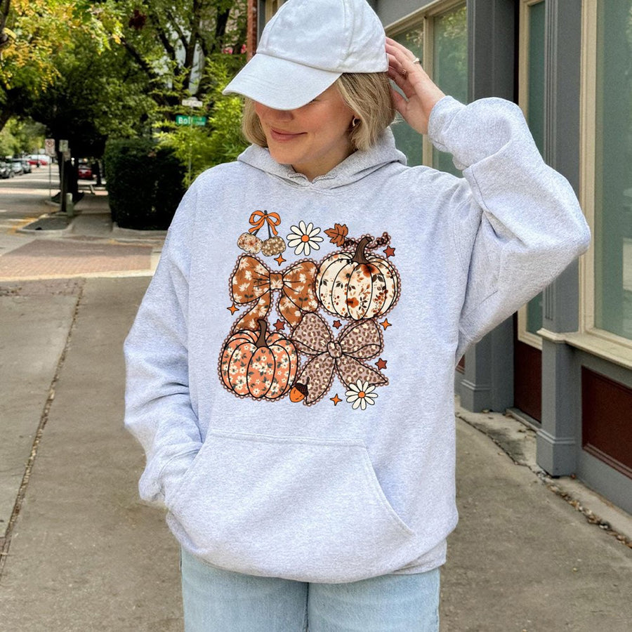 Floral Pumpkin Hoodie | Coquette Aesthetic Bow Design | Soft Cotton-Polyester Blend | Fall Aesthetic Autumn Sweatshirt Gift for Her