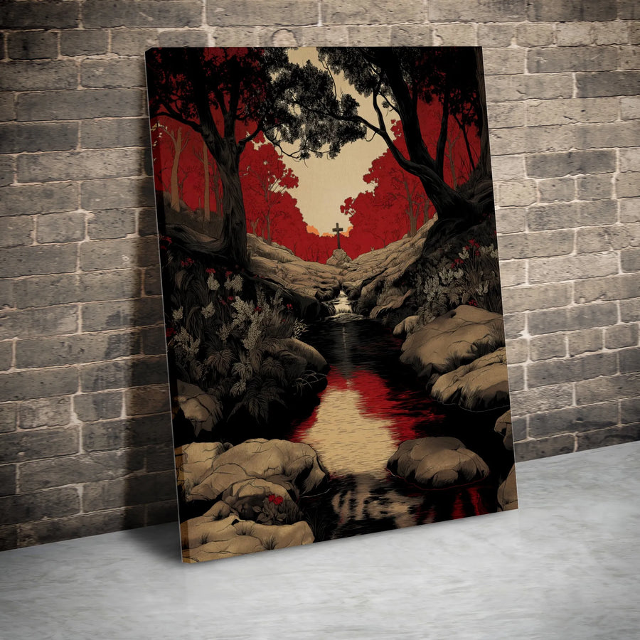 Christian Cross Canvas Art | Red Forest River Landscape | Premium Gallery Wrapped Canvas | Spiritual Wall Decor Gift for Christians