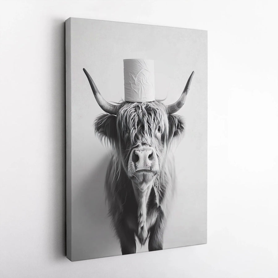 Highland Cow Bathroom Wall Art | Funny Toilet Paper Cow Portrait | Modern Farmhouse Canvas Decor | Humorous Restroom Gift for Cow Lovers