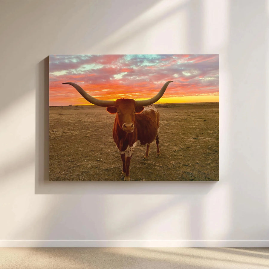 Texas Longhorn Canvas Wall Art | Vibrant Sunset Farmhouse Decor | Premium Fade-Resistant Gallery Print | Rustic Western Home Office Gift