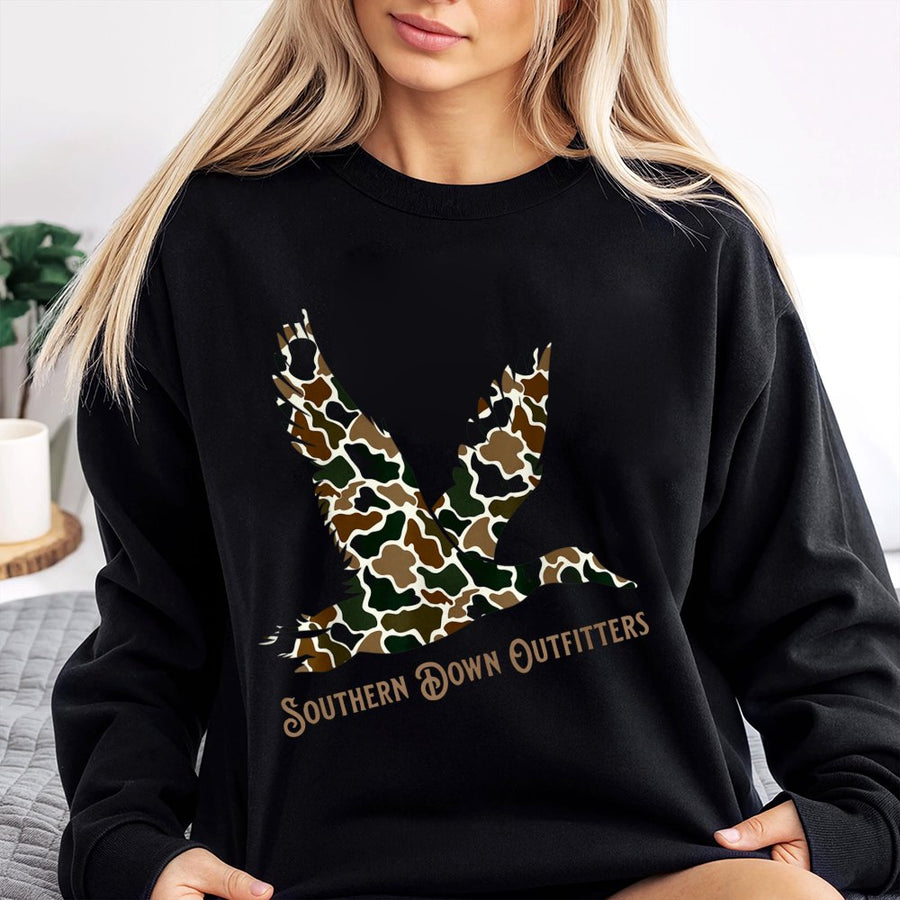 Camo Duck Sweatshirt | Southern Hunting Graphic Design | Cotton Blend Unisex Crewneck | Outdoor Gift For Hunters And Outdoorsmen