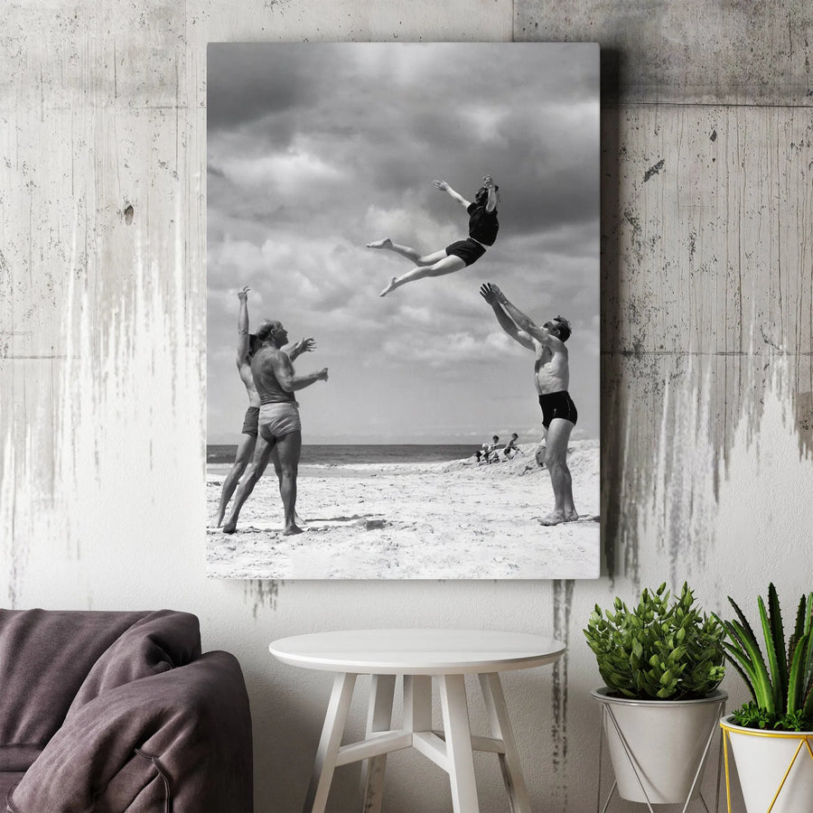 Vintage Beach Photography Canvas | Joyful Beach Acrobats Wall Art | Premium Gallery Style Print | Collector's Vintage Coastal Home Decor