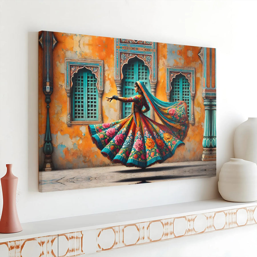 Indian Dancer Canvas Art | Vibrant Traditional Dance Scene | Premium Gallery Wrapped Canvas | Bohemian Wall Decor for Living Room Gift