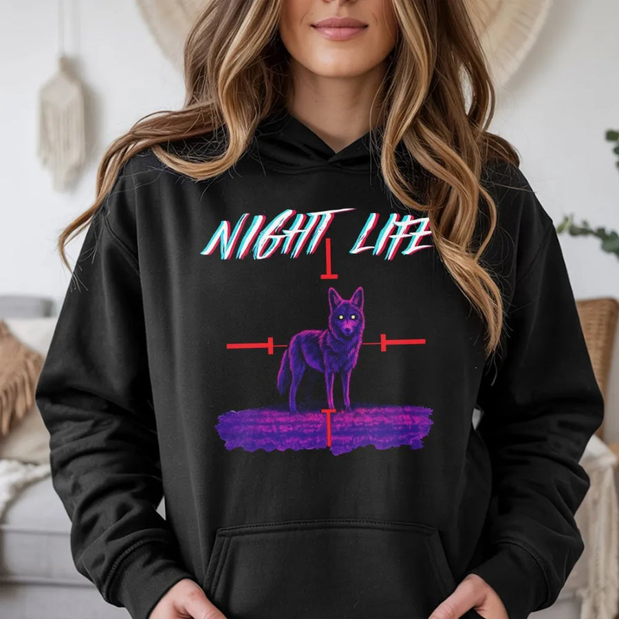 Night Life Wolf Hoodie | Neon Synthwave Crosshair Graphic | Cotton-Poly Blend Streetwear | Unisex Premium Gift for Wildlife Lovers