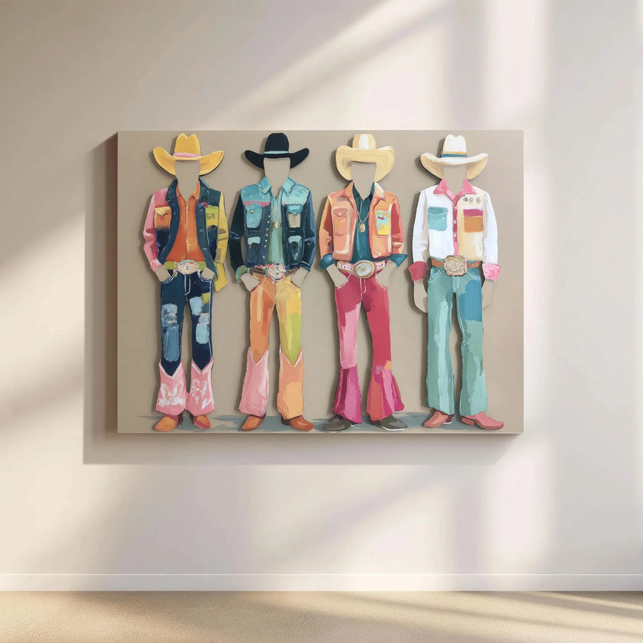 Four Colorful Cowboys Wall Art | Modern Western Decor Canvas | Premium Gallery Wrapped Print | Southwest Home Decor for Living Room