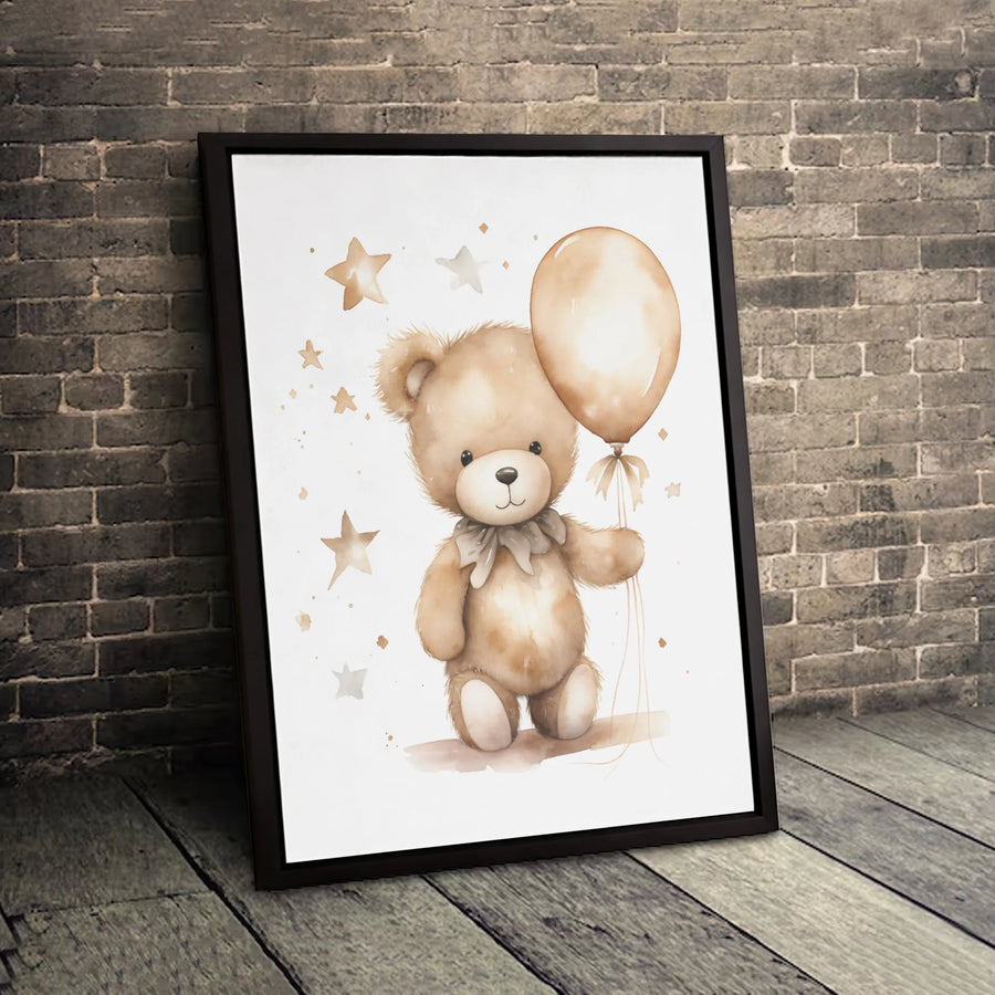 Watercolor Teddy Bear Canvas Art | Cute Nursery Wall Decor with Balloon and Stars | Premium 1.25 Inch Gallery Wrap | Whimsical Baby Shower Gift