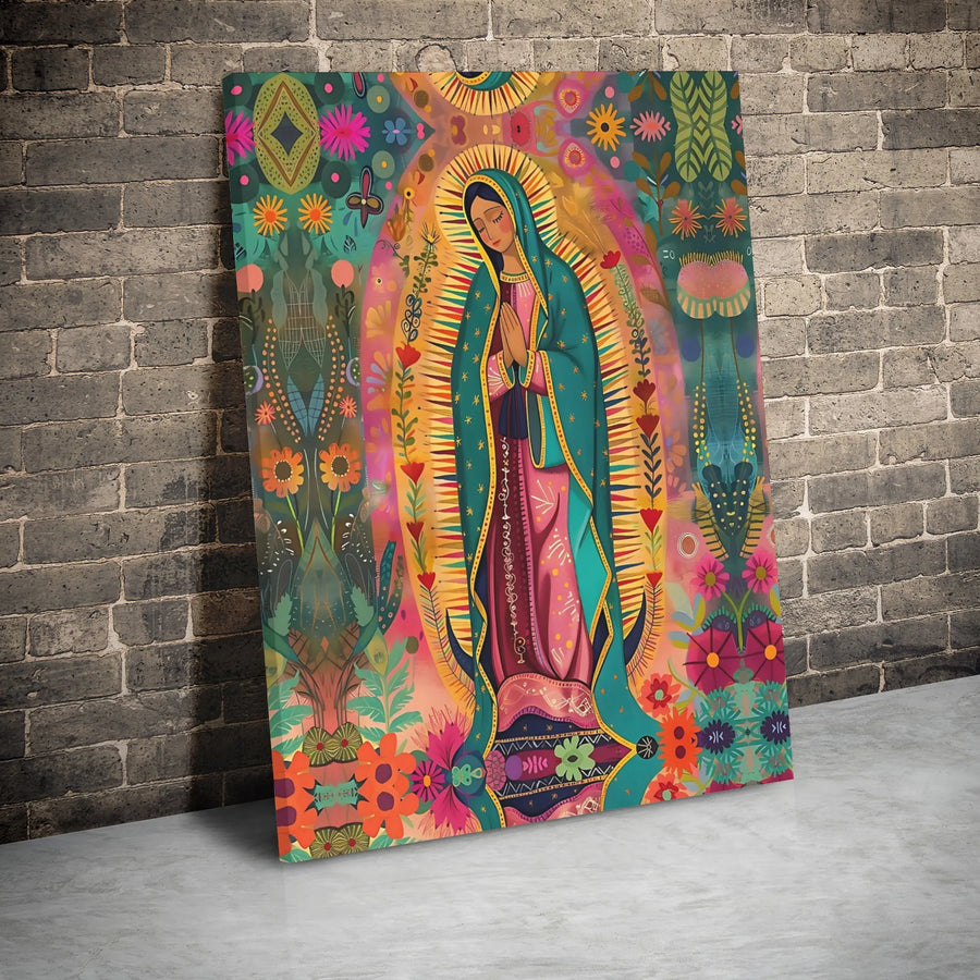 Our Lady Of Guadalupe Canvas Print | Vibrant Mexican Folk Art Floral Decor | Premium Gallery Wrap Wall Art | Catholic Religious Gift For Home