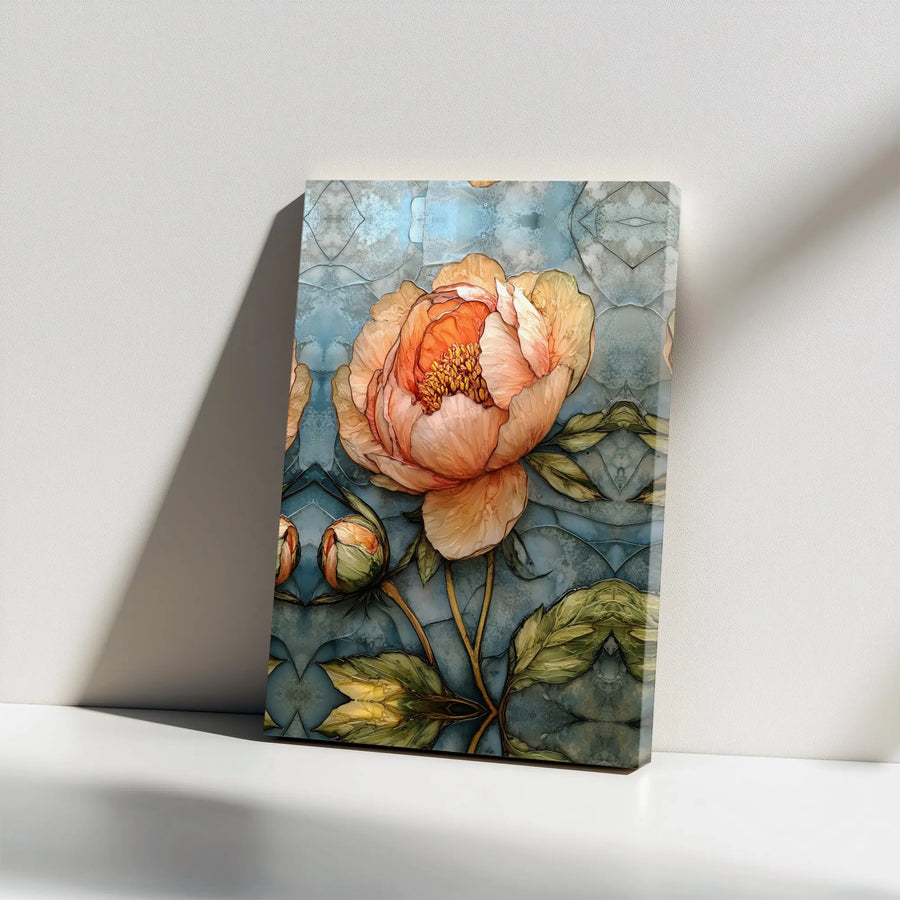 Peony Flower Canvas Wall Art | Stained Glass Style Botanical Print | Premium Gallery Wrap 1.25" Profile | Modern Floral Home Decor Gift