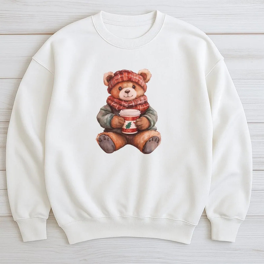 Christmas Bear Sweatshirt | Cozy Holiday Teddy Coffee Design | Premium Cotton Blend Crewneck | Cute Winter Gift for Women and Men