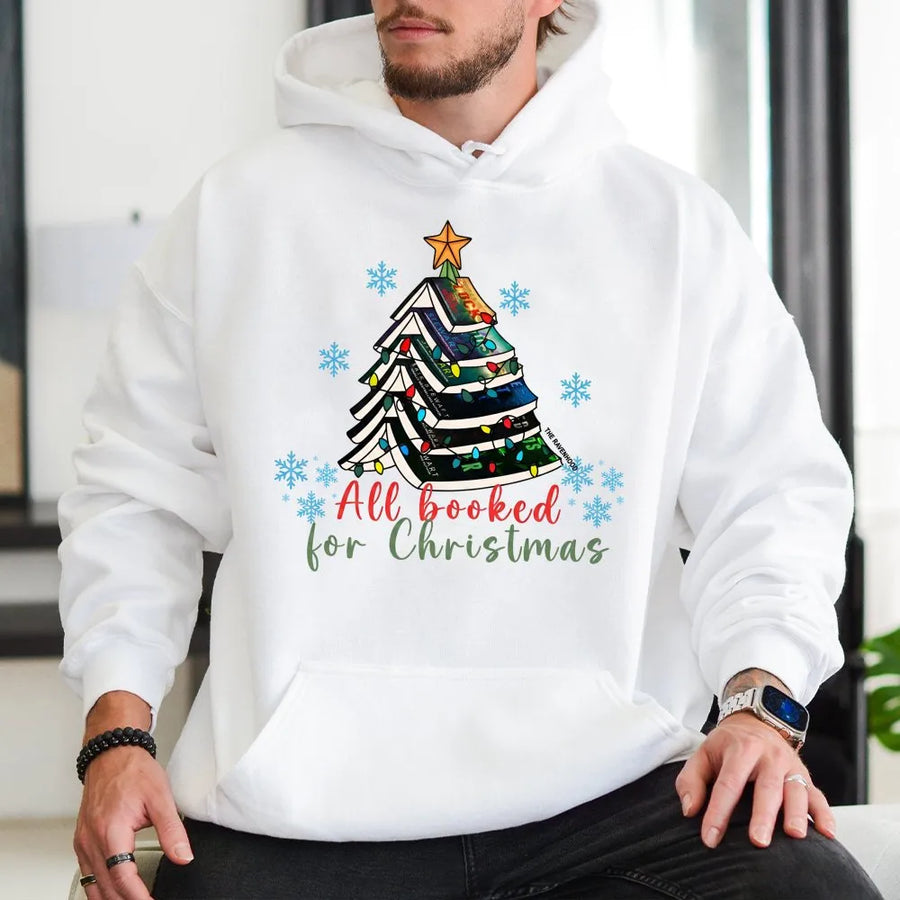 All Booked For Christmas Hoodie | Book Lover Tree Graphic | Premium Cotton Blend Sweatshirt | Cozy Gift for Librarians Readers & Teachers
