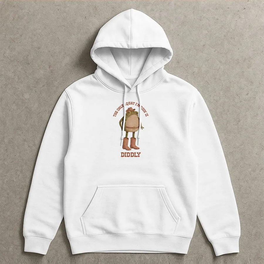 Funny Cowboy Frog Hoodie | The Only Squat Is Diddly Quote | Soft Graphic Sweatshirt | Sarcastic Western Humor, Lazy Gym Gift