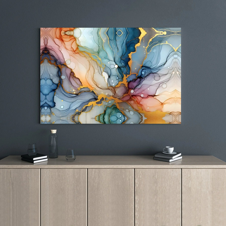 Abstract Alcohol Ink Canvas Wall Art | Gold Veins Marble Texture Print | Premium 1.25” Gallery Wrap | Modern Home Office Decor Gift