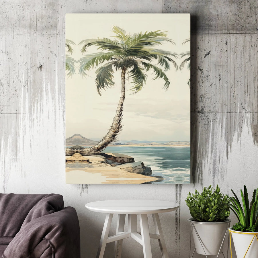 Vintage Palm Tree Canvas Art | Tropical Coastal Illustration | Premium Gallery Wrapped Print | Beach House Wall Decor Gift for Nature Lover