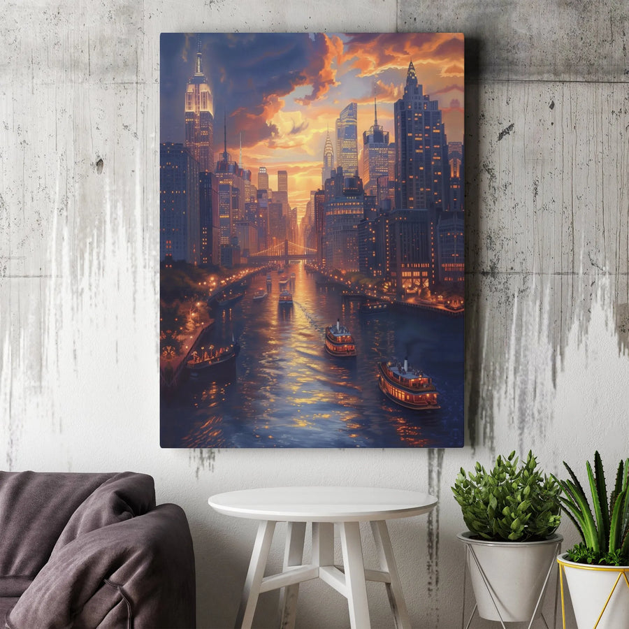 NYC Skyline Canvas Wall Art | Sunset Cityscape River View | 1.25 Inch Gallery Wrap | Professional Home & Office Decor Gift
