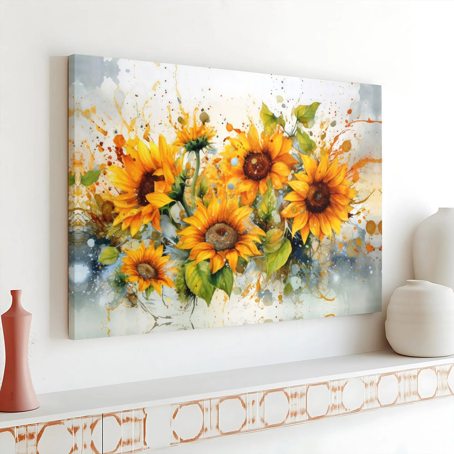 Sunflower Canvas Wall Art | Abstract Watercolor Floral Print | Premium Gallery Wrap Wooden Frame | Farmhouse Home Office Decor