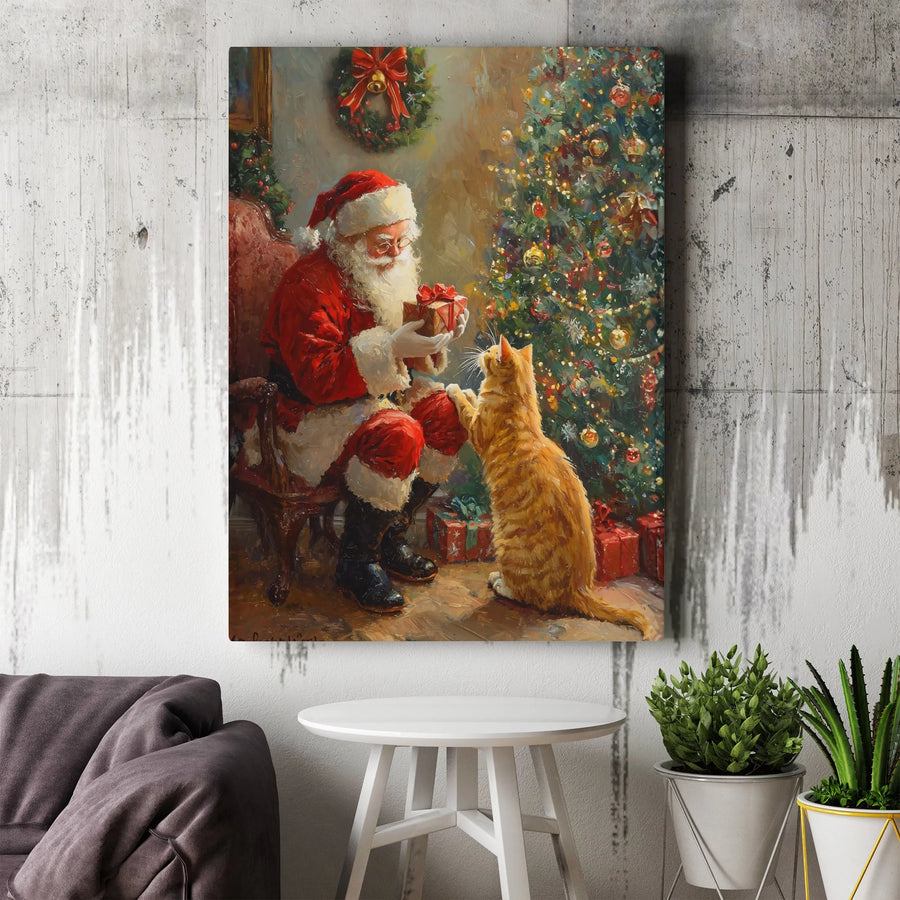 Santa Claus and Cat Canvas Wall Art | Vintage Christmas Painting Print | Premium Gallery-Wrapped Art | Festive Holiday Home Decor Gift