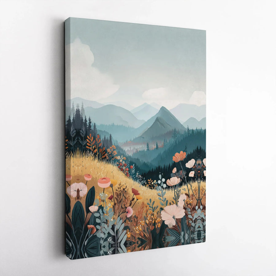 Wildflower Mountain Landscape Canvas Art | Boho Meadow Floral Wall Decor | Premium Fade-Resistant Gallery Wrap | Nature-Inspired Home Gift