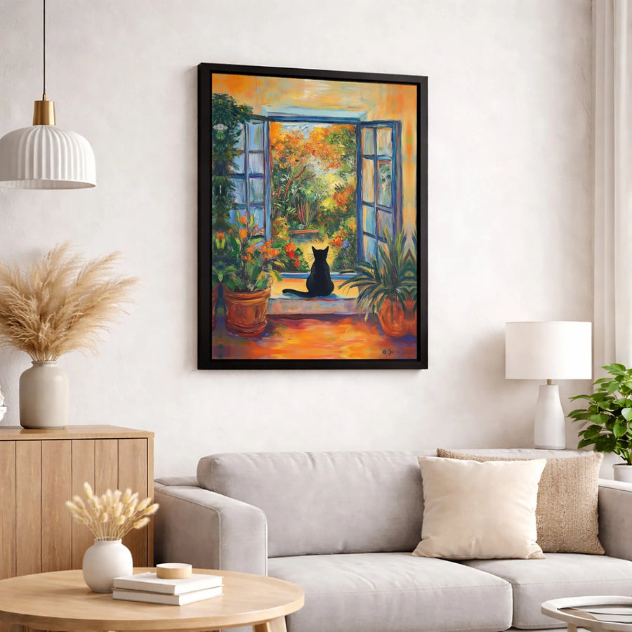 Black Cat Wall Art | Impressionist Garden View Canvas Print | Premium Gallery Wrapped Decor | Gift for Cat Lovers