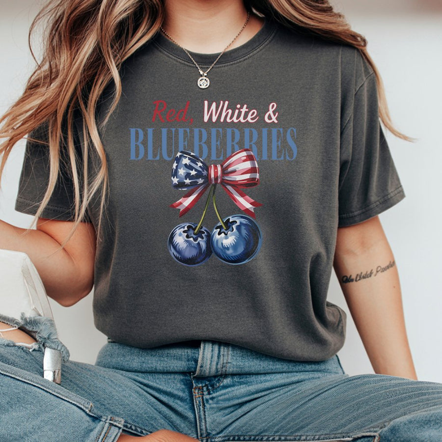 Red White and Blueberries T-Shirt | Patriotic American Flag Bow Design | Premium 100% Cotton | Fourth of July Summer Gift for Women and Men