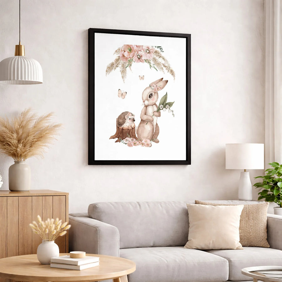 Watercolor Rabbit and Hedgehog Canvas | Floral Woodland Nursery Wall Art | 1.25 Inch Premium Gallery Wrap | Cute Animal Gift for Baby Room