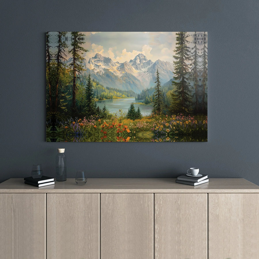 Mountain Lake Landscape Canvas | Wildflower Meadow Pine Forest Art | Premium Gallery Wrap Print | Nature Wall Decor Gift for Nature Lovers