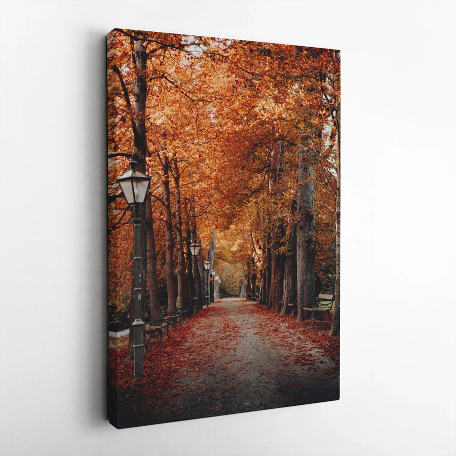 Autumn Park Pathway Canvas Wall Art | Golden Forest Walkway with Vintage Lampposts | Premium Gallery Wrapped Decor | Cozy Seasonal Home Gift