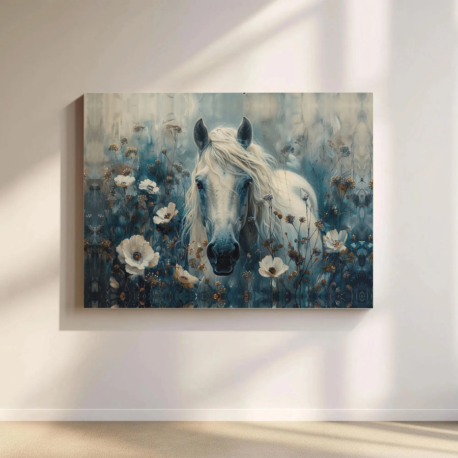 White Horse Canvas Art | Painterly Wildflower Meadow Print | 1.25 Inch Gallery Wrap | Elegant Farmhouse Wall Decor Gift